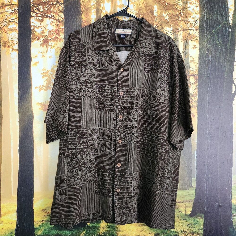 Tommy Bahama Silk Mens Large Green Tropical Hawaiian Camp Short Button-Up Shirt